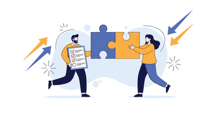 Business man and woman collaborate on project tasks, bringing puzzle pieces together while checking off items on a list for successful completion.