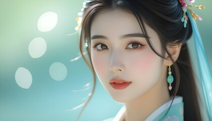 Elegant Asian woman wearing turquoise earrings and traditional hair accessories in soft teal bokeh background