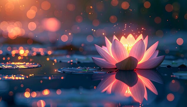 A serene lotus flower blossoms on tranquil water, illuminated by a soft glow and surrounded by ethereal bokeh lights. Its reflection mirrors its beauty
