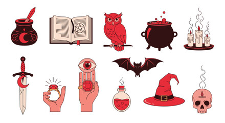 A vibrant collection of occult and magical items, including spellbooks, potions, and wiccan symbols, rendered in a striking flat design.