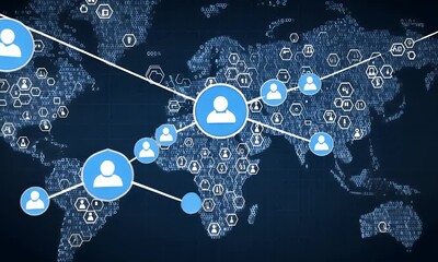 Global network connections visualized on a digital world map with interconnected user icons and data streams representing communication and information flow across continents - Powered by Adobe