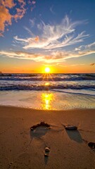 A vibrant sunset over the ocean. The sun's light reflects on the water and wet sand, with colorful clouds streaking the sky