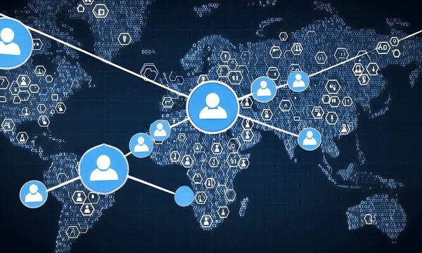 Global network connections visualized on a digital world map with interconnected user icons and data streams representing communication and information flow across continents - Powered by Adobe