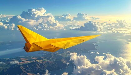 A vibrant yellow paper airplane soars above a landscape of islands, land, and water bathed in bright sunlight. The sky is full of clouds