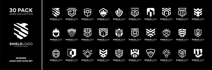 Set of shield armor defense logo design inspiration. Geometric abstract logo icon vector isolated on black background.