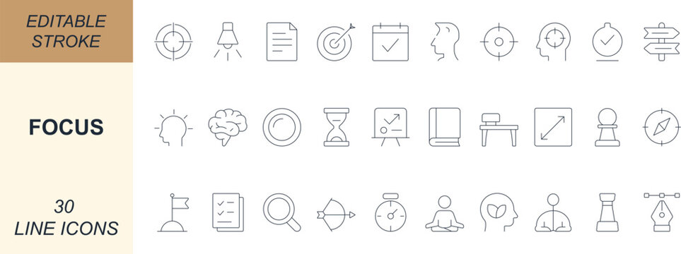 Focus line vector icon set with target, goal, vision, strategy, productivity, time, and concentration. Perfect for apps, web, business, and UI projects. Editable for easy customization.