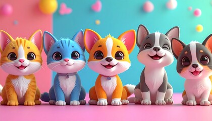 A whimsical image features five adorable cartoon animal characters two cats and three puppies, each with bright colors and happy expressions
