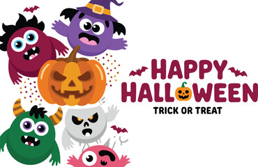 Cute cartoon Halloween greeting card with colorful monsters, jack o lantern pumpkin, flying bats, fun trick or treat festive celebration design