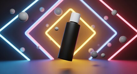 Floating black cosmetic bottle with neon geometric lights and spheres abstract background