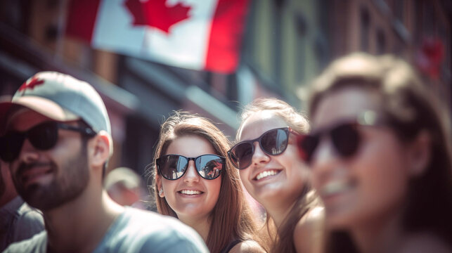 Young diverse adults celebrating Canada Day on streets of Canada. Happy tourists visiting Canada. Summer vacation. Generative ai.