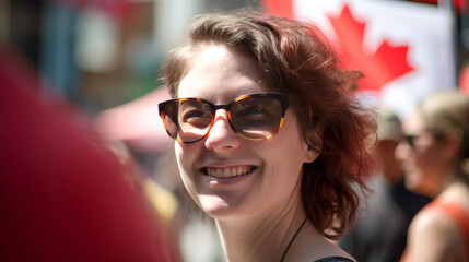 Young diverse adults celebrating Canada Day on streets of Canada. Happy tourists visiting Canada. Summer vacation. Generative ai.