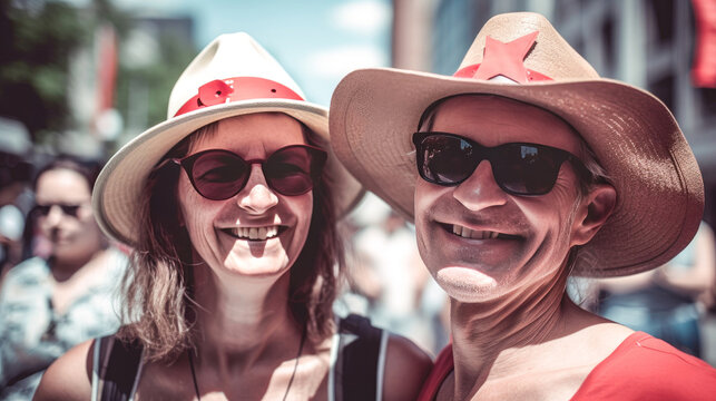 Young diverse adults celebrating Canada Day on streets of Canada. Happy tourists visiting Canada. Summer vacation. Generative ai.