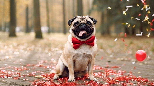Cute pug dog wearing red bow tie and celebrating holiday at the park with confetti. Generative ai.