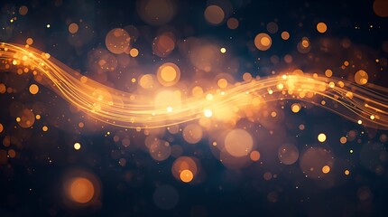 Abstract glowing golden wave with bokeh lights on dark background