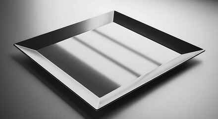 Square metal tray on a gray surface with reflections, studio shot