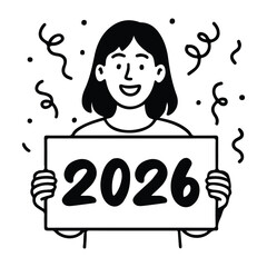 Cheering for a fantastic  2026, this happy character celebrates the new year with streamers and a bold sign, perfect for a fresh start or optimistic greeting