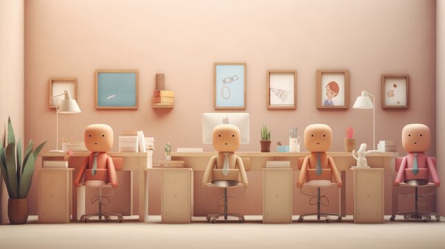 A diverse group of office workers collaborating at their desks in a vibrant modern office space