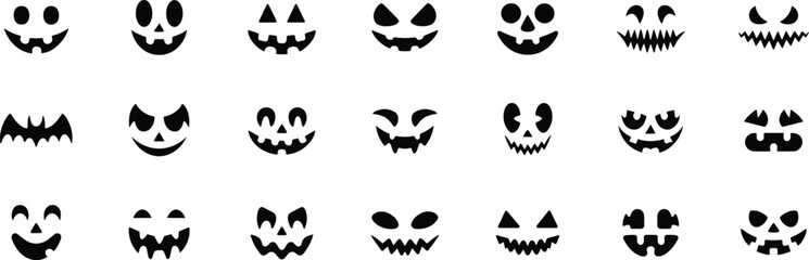 Halloween pumpkin face silhouette collection with spooky jack o lantern expressions, scary eyes and mouths, vector emoji style carving designs