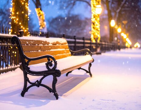 A snowy park scene at dusk. A wooden bench sits covered in snow. Illuminated trees line a pathway