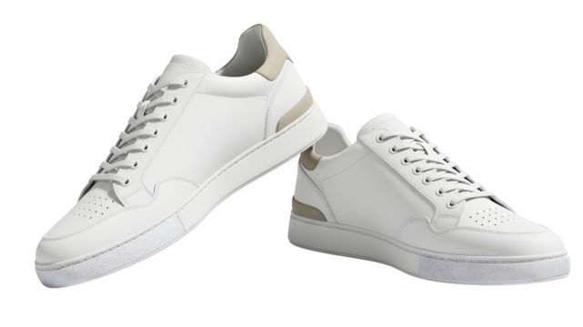 Pair of stylish white leather sneakers showcasing modern design on transparent background - Powered by Adobe