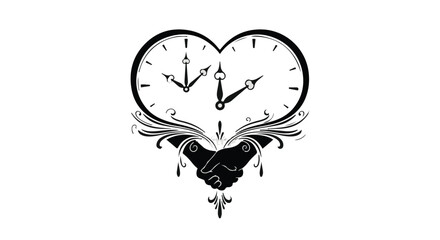 Symbolic illustration of two hands shaking beneath a heart-shaped clock, representing time and connection.