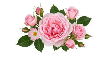 Fototapeta premium Elegant Pink Rose Bouquet With Buds And Leaves On Black Background