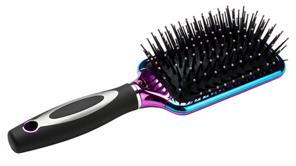 Paddle hair brush with black bristles and a colorful handle on transparent background