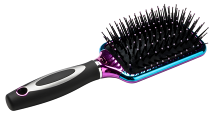 Paddle hair brush with black bristles and a colorful handle on transparent background