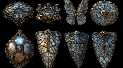 A collection of uniquely patterned, surreal butterfly wings (detached, symbolic), made of materials like thin, iridescent metal, translucent patterned silk, and delicate, veined crystal
