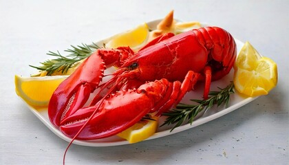 Fresh Boiled Red Lobster Elegantly Garnished with Lemon and Rosemary