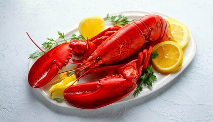 Fresh Boiled Red Lobster Elegantly Garnished with Lemon and Rosemary