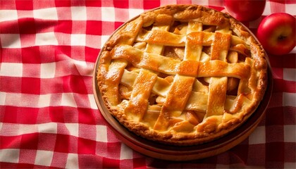 Traditional Homemade Apple Pie on a Red Checkered Tablecloth