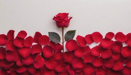 Single Red Rose with Scattered Rose Petals on a White Background