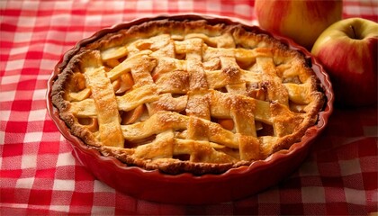 Traditional Homemade Apple Pie on a Red Checkered Tablecloth