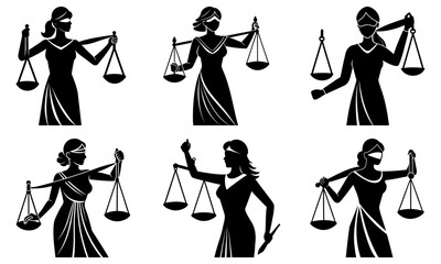Illustrations of blindfolded women holding scales of justice in silhouette