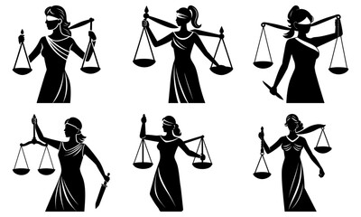 Six silhouettes of lady justice figures holding scales and wearing blindfolds