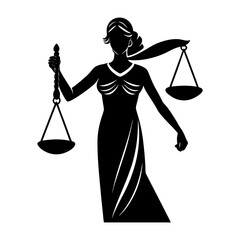 Silhouette of lady justice holding scales of justice in a black and white image