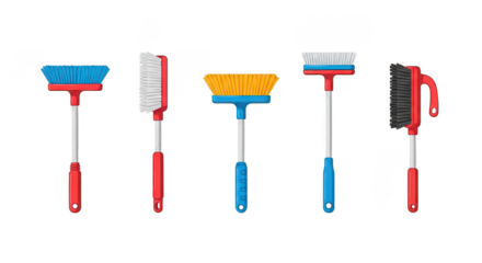 Set Of Colorful Household Cleaning Brushes And Brooms