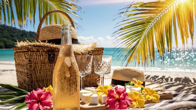Tropical beach picnic setup with champagne bottle, cheese, and crystal glasses under bright sun.