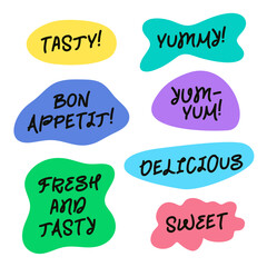 Colorful food stickers with words like "Delicious", "Bon Appetit", "Yummy", "Tasty", "Fresh and tasty", "Sweet", "Yum-yum"