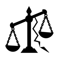 Illustration of a broken scale of justice with chains and a central support beam
