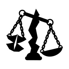 Illustration of a broken scale with chains and a shattered left pan in black ink