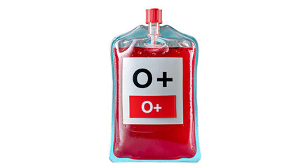 Red blood bag labeled O+ with water droplets, symbolizing essential blood donation.