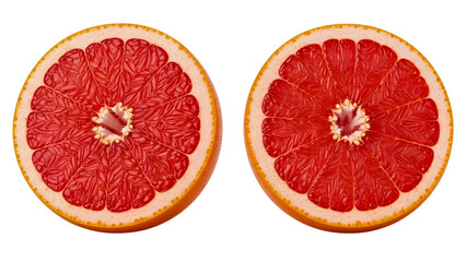 Two grapefruit halves showing juicy red pulp against a close up view on transparent background