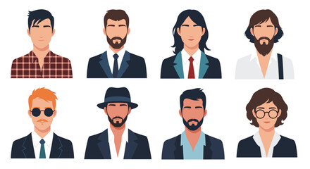 Set of diverse cartoon avatars featuring men and women with different hairstyles, facial hair, and clothing styles.