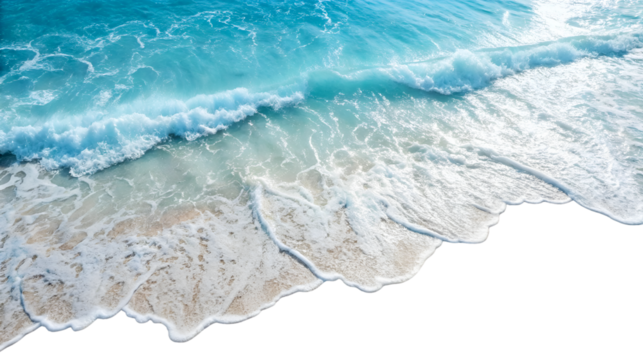 An aerial view of a vibrant turquoise ocean wave breaking on a sandy beach creating a beautiful foamy shoreline under the sun