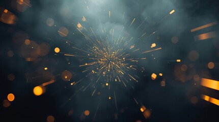 Explosion of sparks and light trails in dark smoky atmosphere