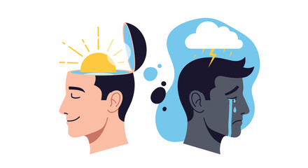 An illustration depicting the duality of mental states, featuring a person with a bright, happy mind and another with a sorrowful, storm-filled mind.