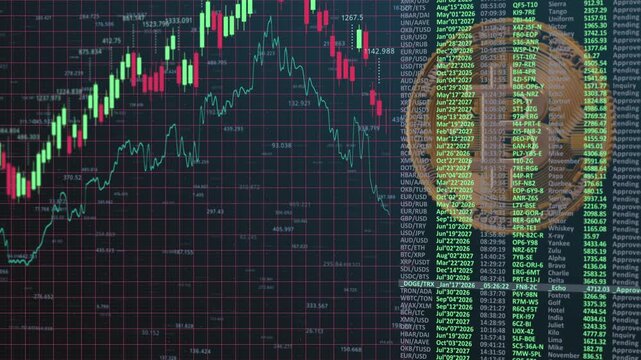 Analysis of Cryptocurrency Market Trends with Fluctuating Price Indicators and Chart Patterns Displayed Alongside a Bitcoin Icon