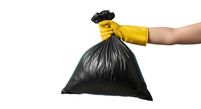 Hand In Yellow Glove Holding Black Trash Bag